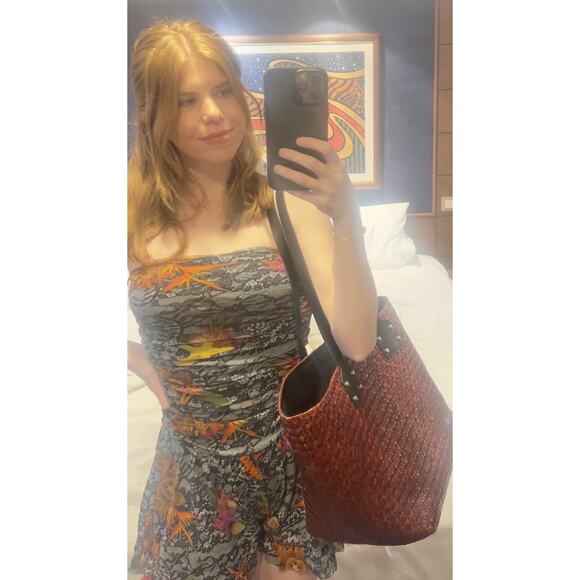 ALLSAINTS Women's Red Black Straw Woven Mosley Open Tote Handbag - Picture 14 of 14